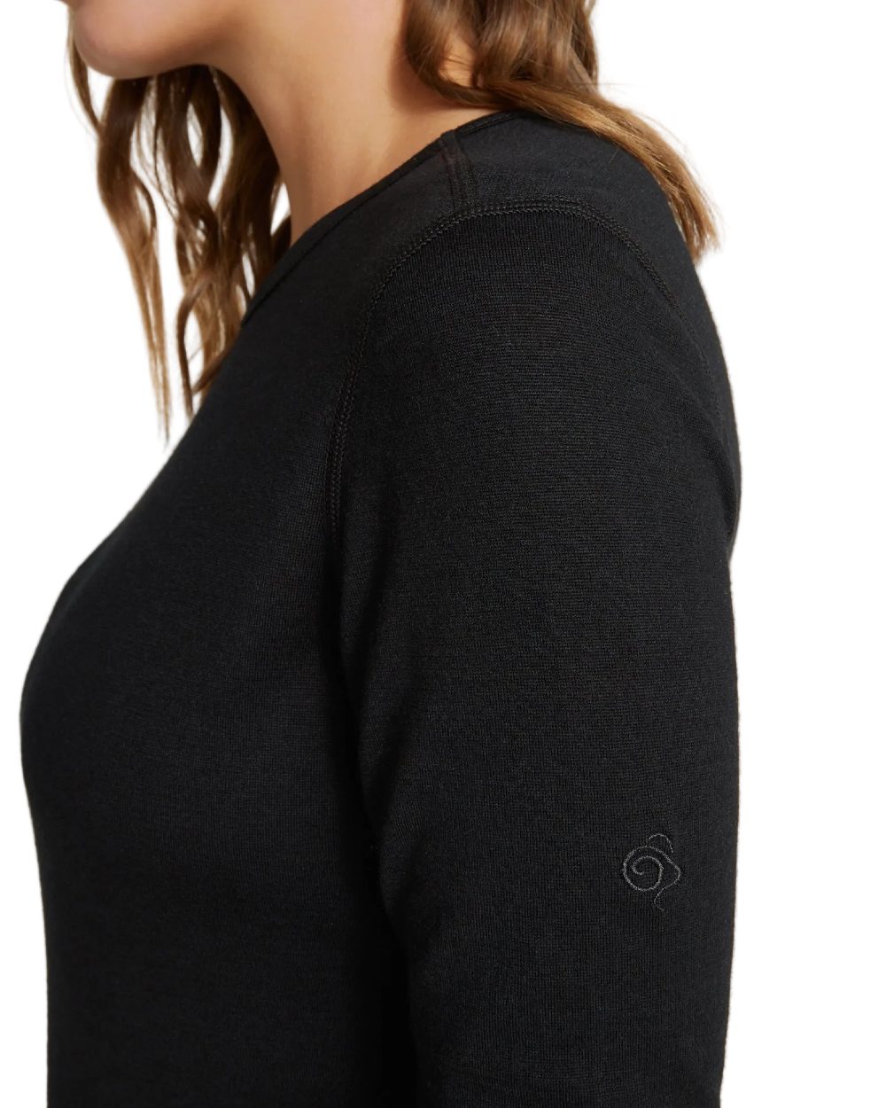 Black coloured Craghoppers Womens Merino Crew Neck Long Sleeved Baselayer II on white background 