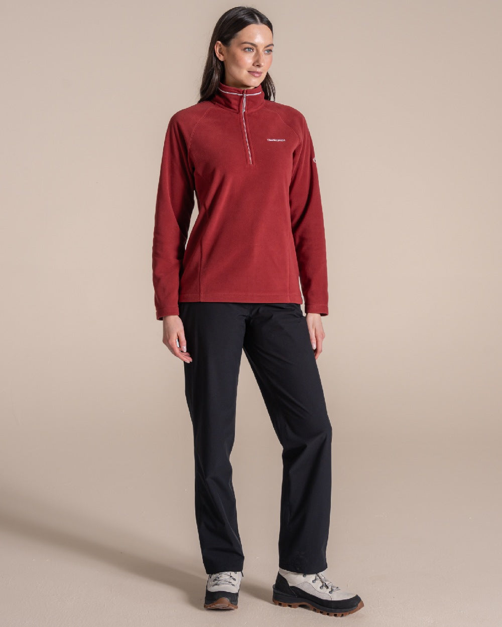 Carmine Red Coloured Craghoppers Womens Miska Half-Zip Fleece on beige background 