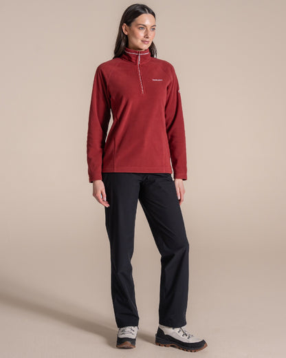 Carmine Red Coloured Craghoppers Womens Miska Half-Zip Fleece on beige background 