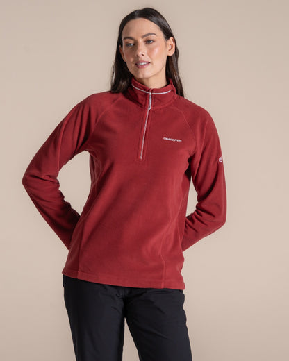 Carmine Red Coloured Craghoppers Womens Miska Half-Zip Fleece on beige background 