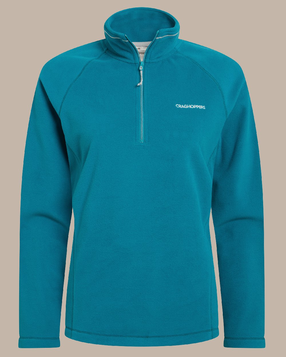 Empress Teal Coloured Craghoppers Womens Miska Half-Zip Fleece on beige background 