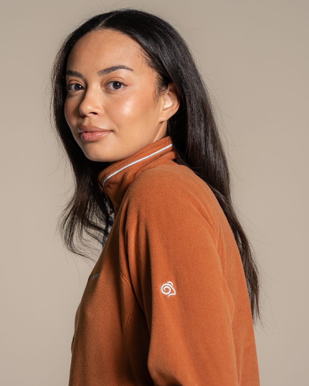 Hazel Coloured Craghoppers Womens Miska Half-Zip Fleece on beige background 