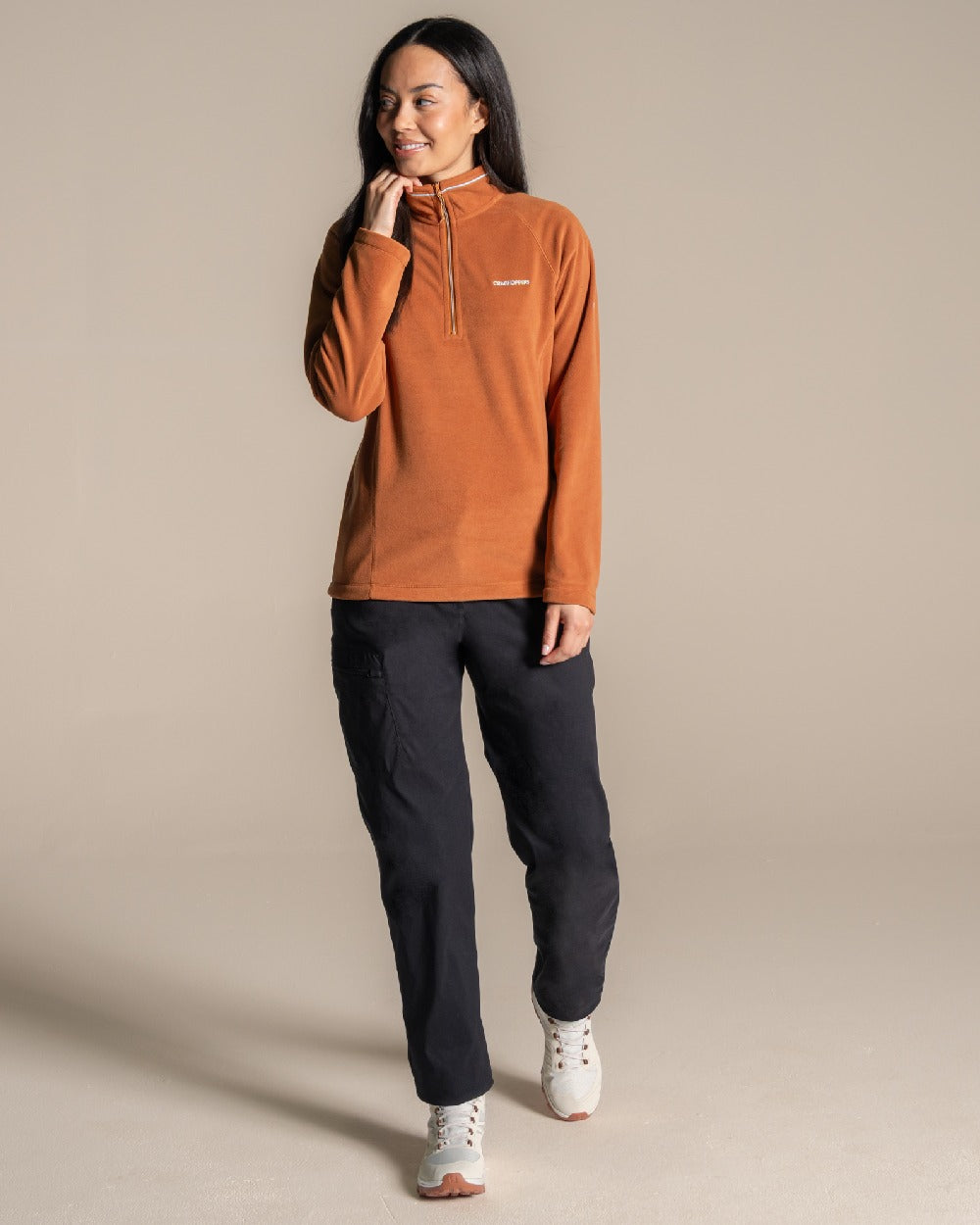 Hazel Coloured Craghoppers Womens Miska Half-Zip Fleece on beige background 