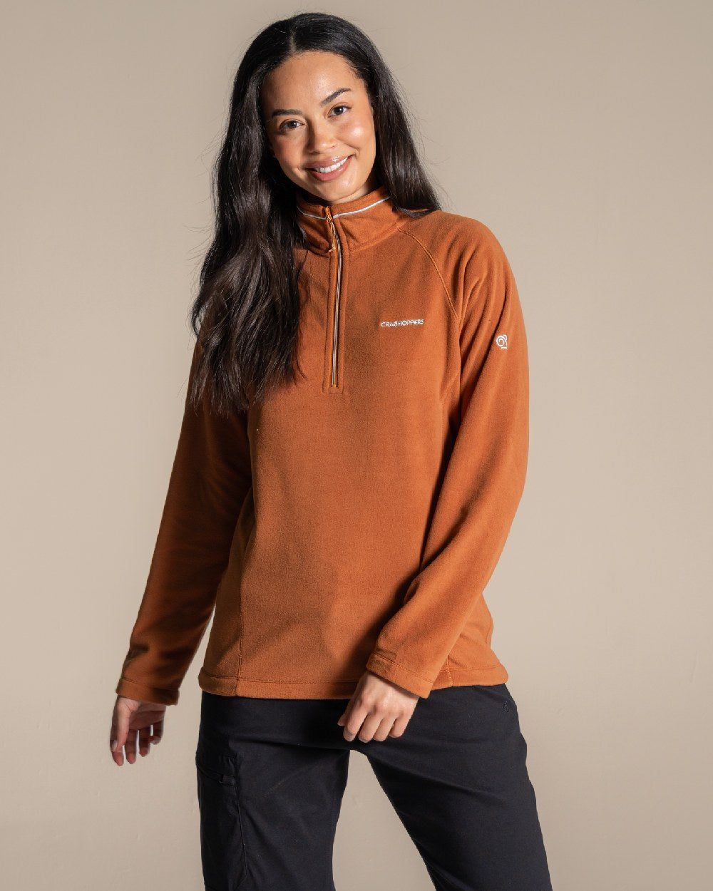 Hazel Coloured Craghoppers Womens Miska Half-Zip Fleece on beige background 