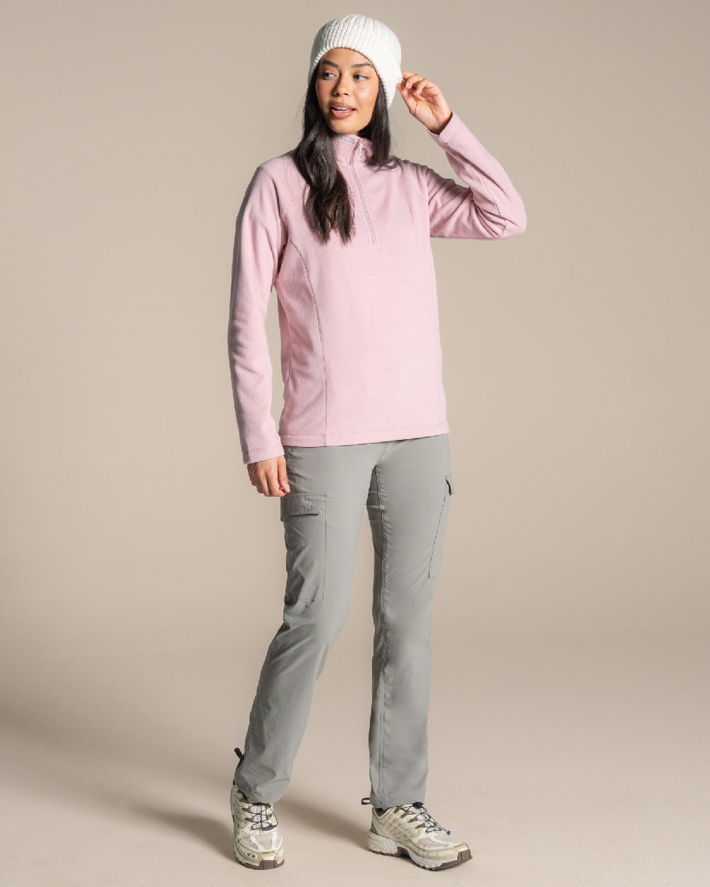 Mauve Coloured Craghoppers Womens Miska Half-Zip Fleece on beige background 