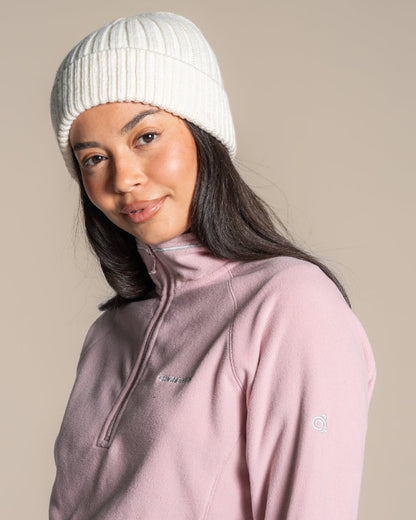 Mauve Coloured Craghoppers Womens Miska Half-Zip Fleece on beige background 