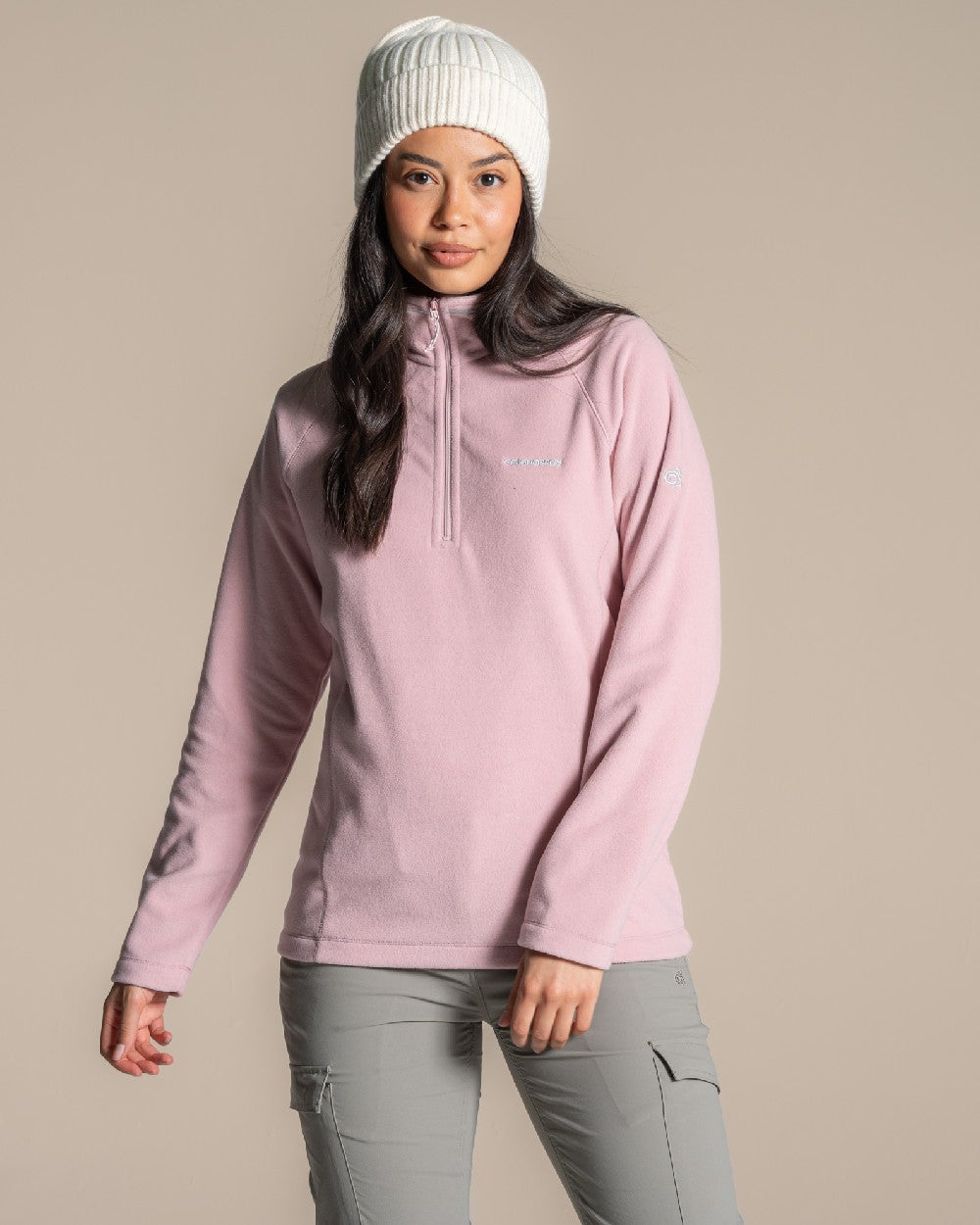 Mauve Coloured Craghoppers Womens Miska Half-Zip Fleece on beige background 
