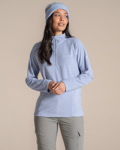 Mist Blue Coloured Craghoppers Womens Miska Half-Zip Fleece on beige background 