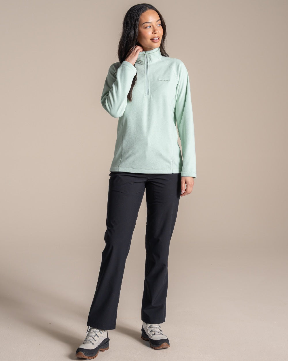 Pistachio Coloured Craghoppers Womens Miska Half-Zip Fleece on beige background 