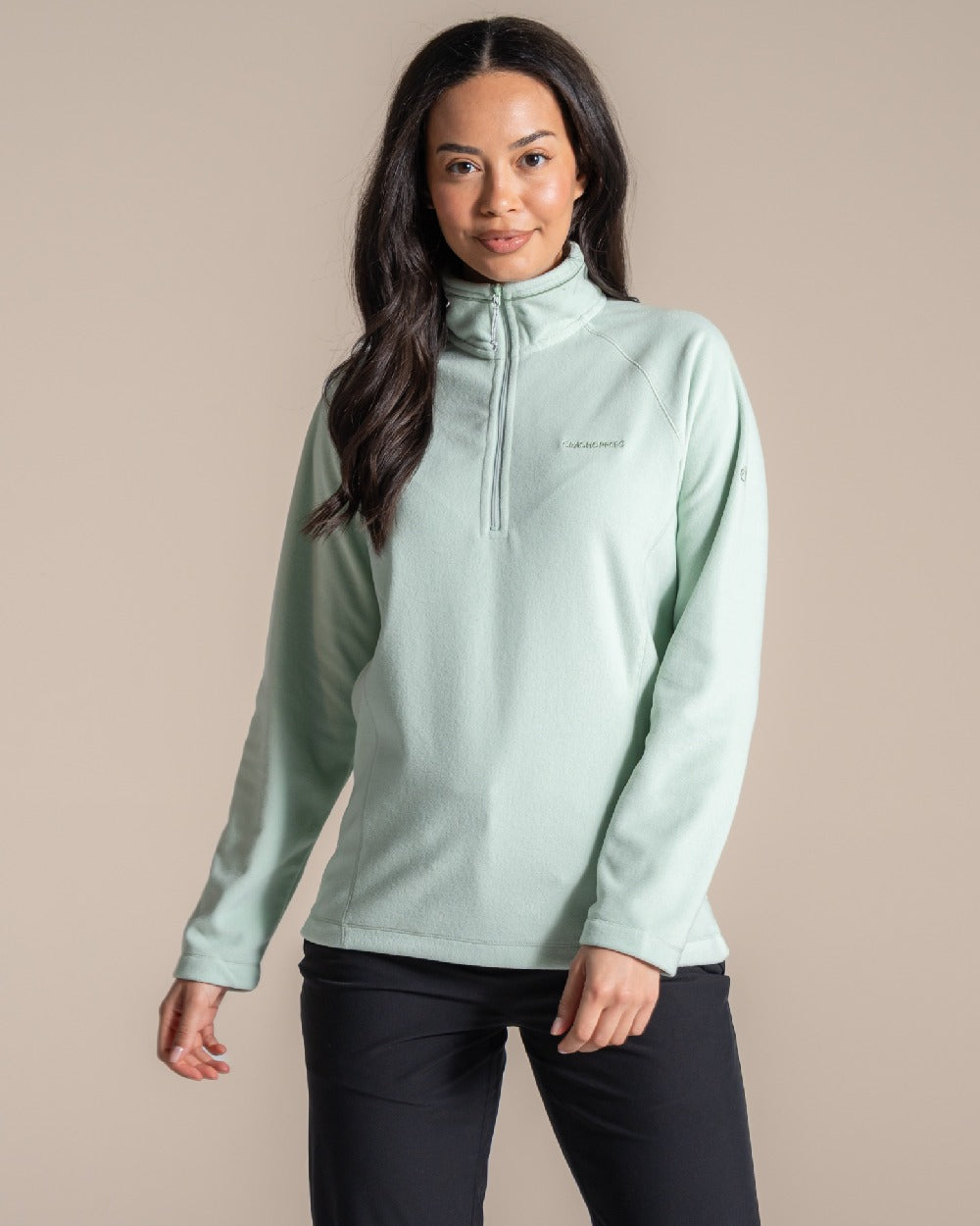 Pistachio Coloured Craghoppers Womens Miska Half-Zip Fleece on beige background 