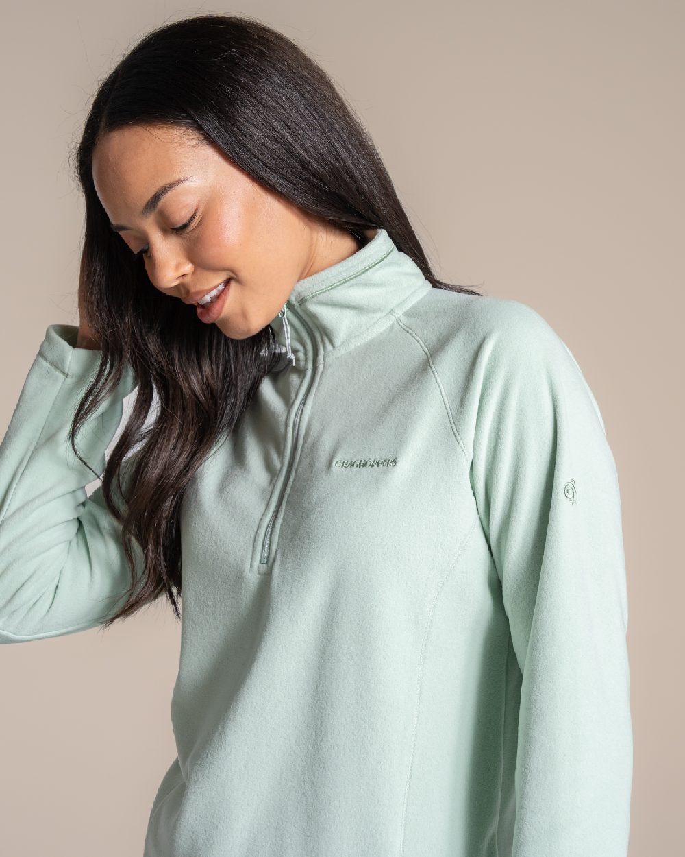 Pistachio Coloured Craghoppers Womens Miska Half-Zip Fleece on beige background 