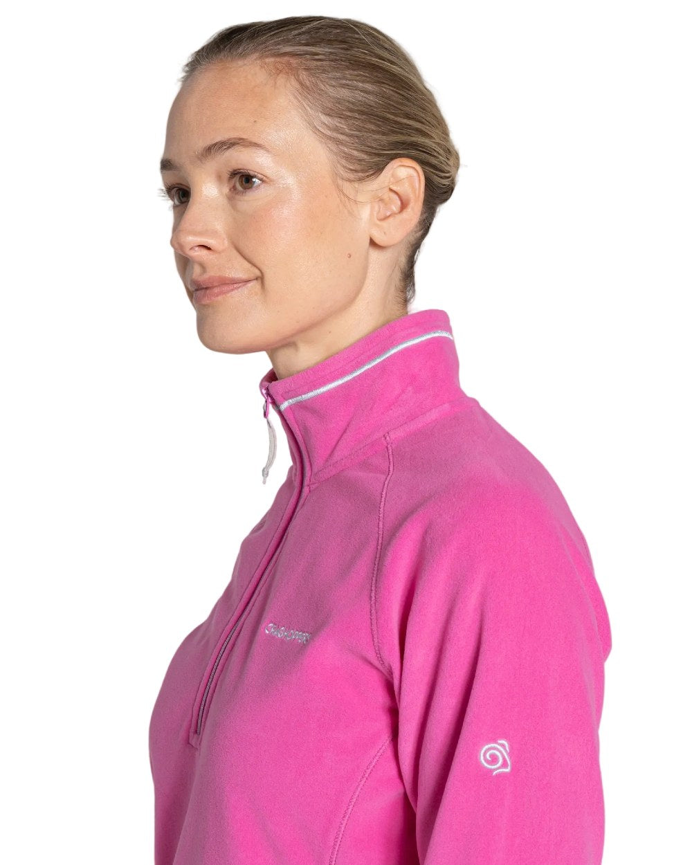 Damask Rose coloured Craghoppers Womens Miska VI Half-Zip Fleece on white background 