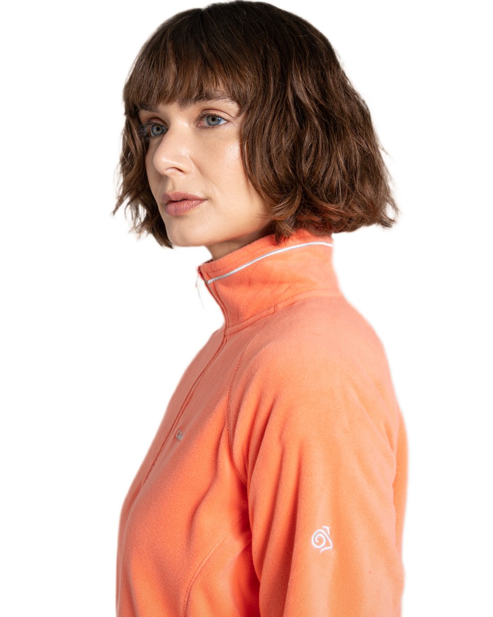 Fusion Coral coloured Craghoppers Womens Miska VI Half-Zip Fleece on white background 