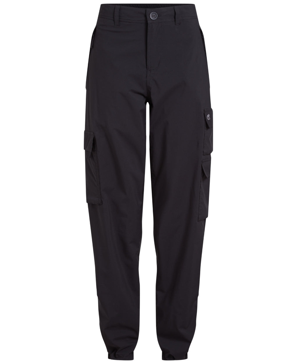 Black coloured Craghoppers Womens Natales Waterproof Lightweight Cargo Trousers on white background 