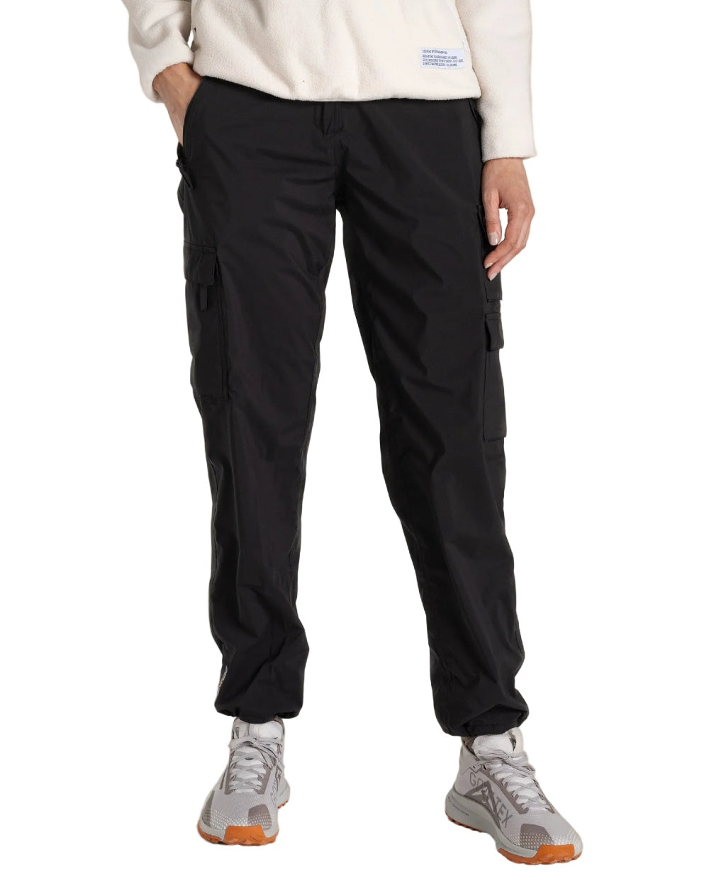 Black coloured Craghoppers Womens Natales Waterproof Lightweight Cargo Trousers on white background 