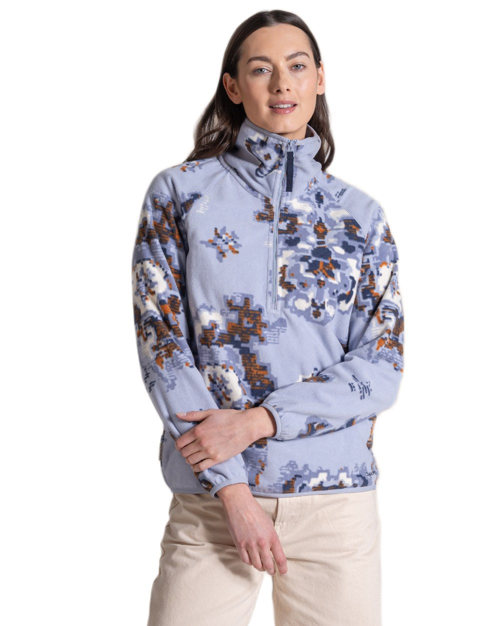 Mist Blue coloured Craghoppers Womens National Trust Reedmace Half Zip Fleece Top on white background 