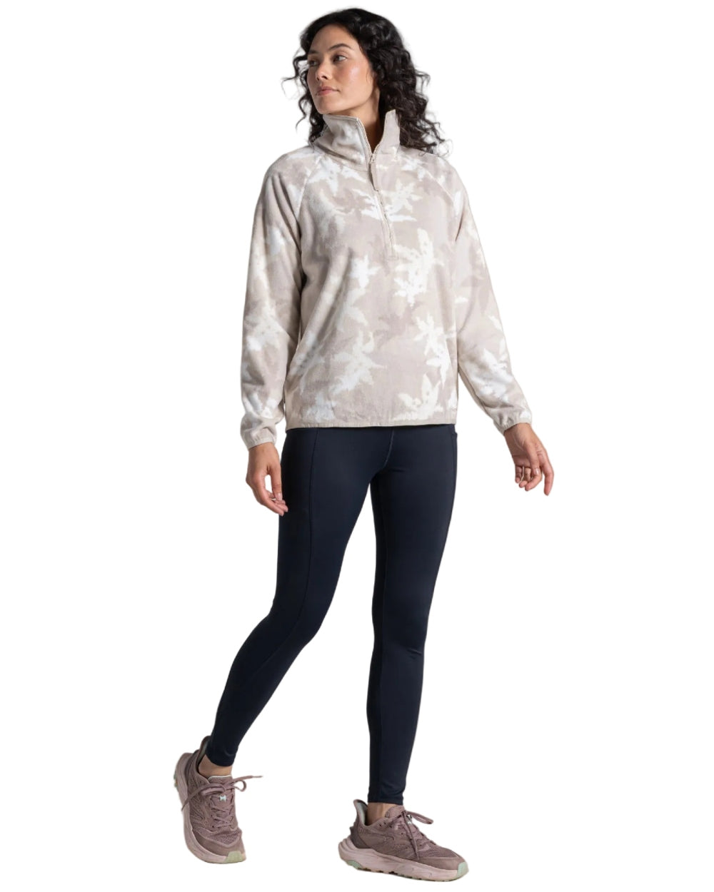 Oyster Print coloured Craghoppers Womens National Trust Reedmace Half Zip Fleece Top on white background 
