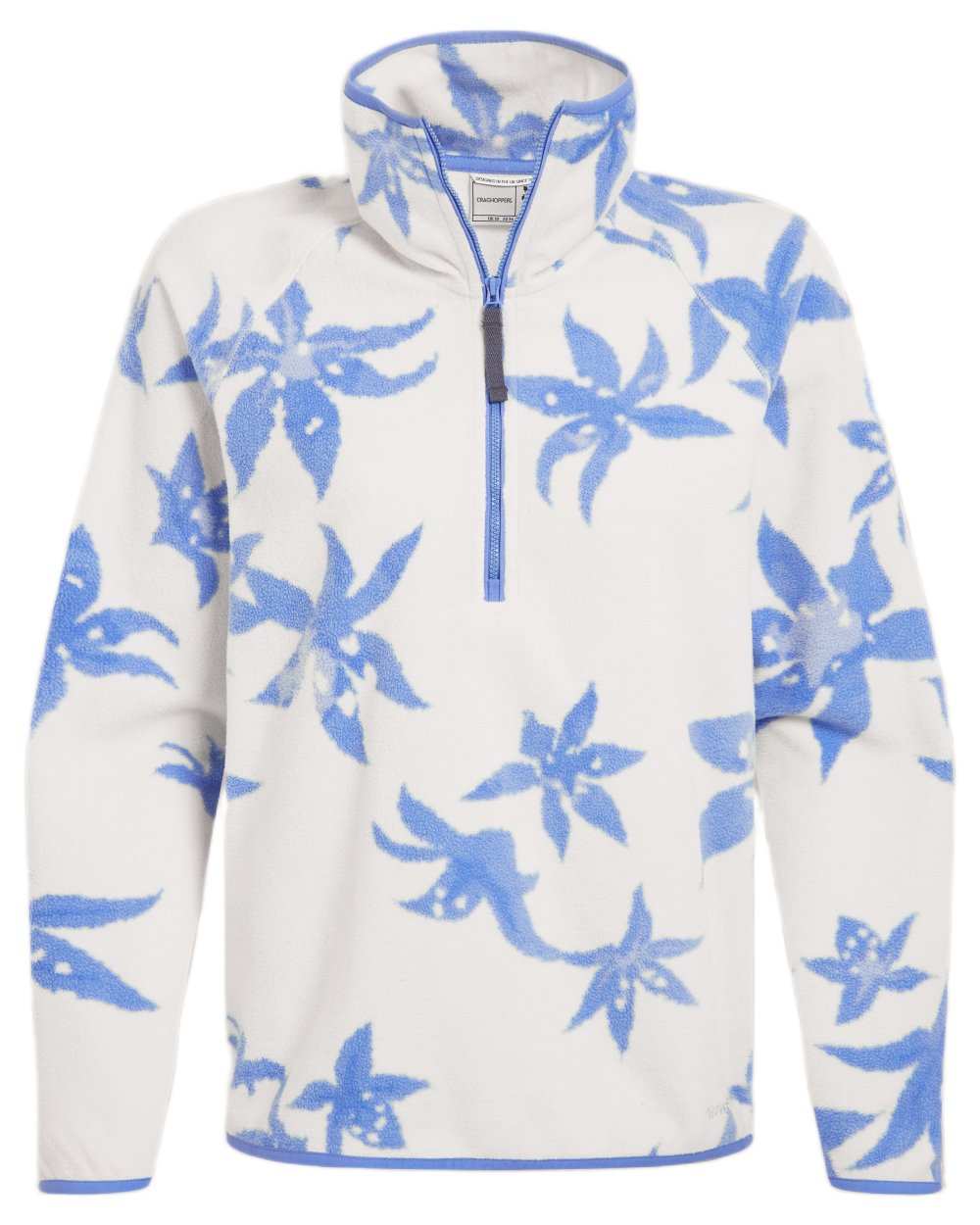 Vinca Blue Print coloured Craghoppers Womens National Trust Reedmace Half Zip Fleece Top on white background 