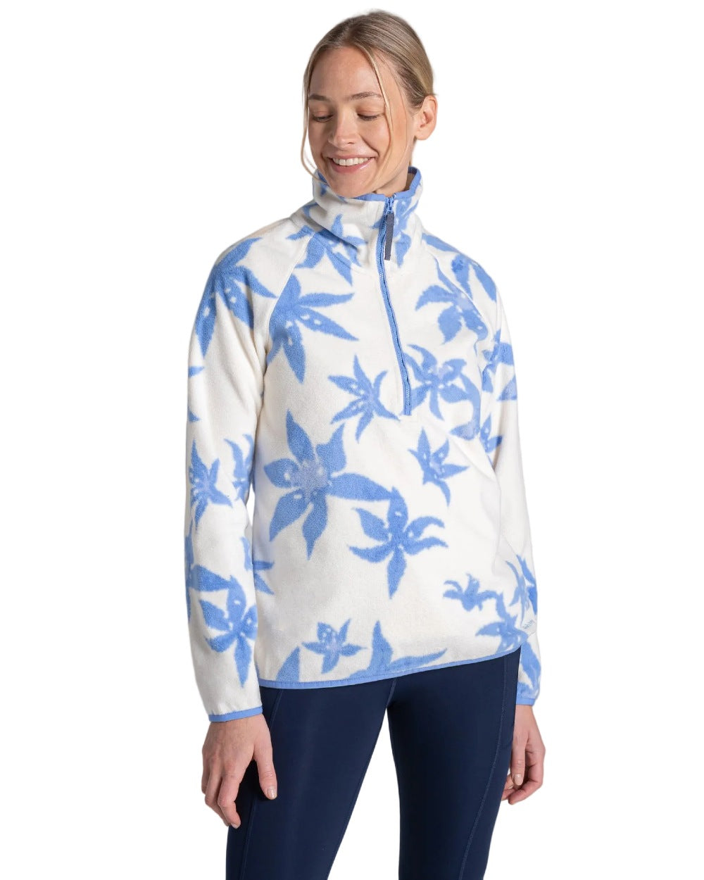 Vinca Blue Print coloured Craghoppers Womens National Trust Reedmace Half Zip Fleece Top on white background 