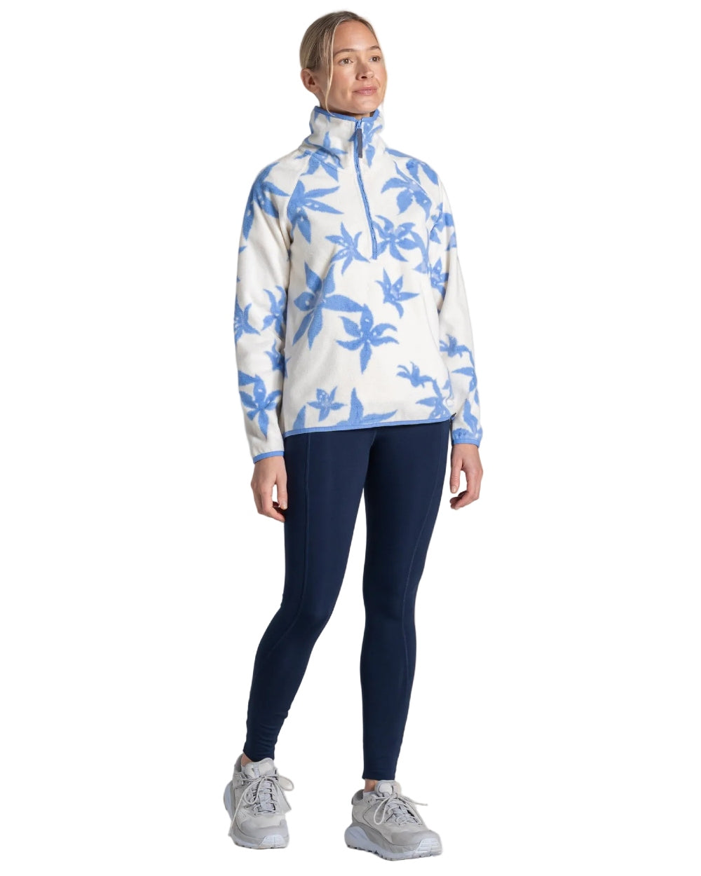Vinca Blue Print coloured Craghoppers Womens National Trust Reedmace Half Zip Fleece Top on white background 