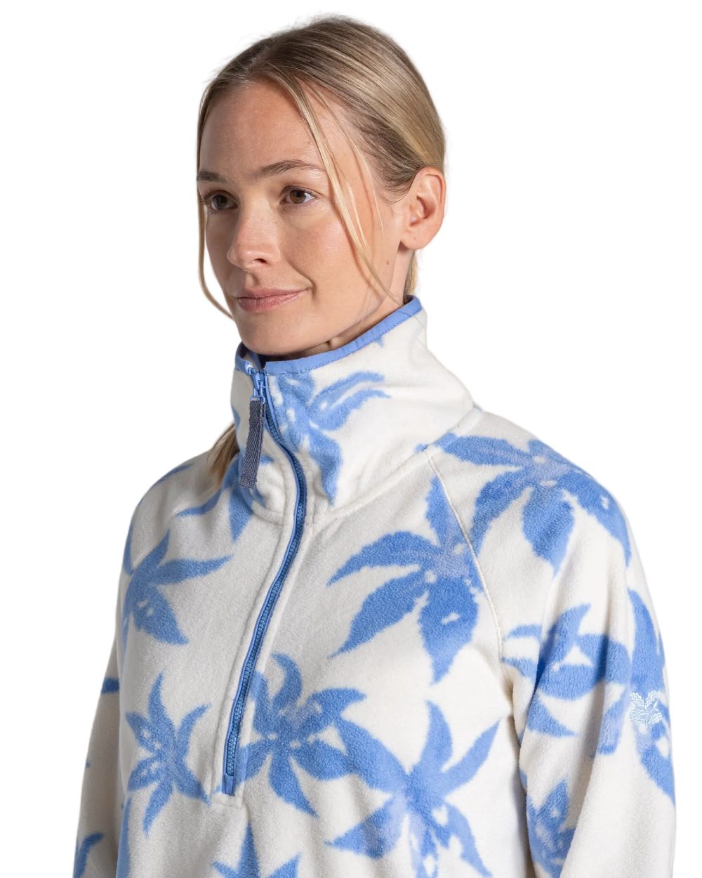 Vinca Blue Print coloured Craghoppers Womens National Trust Reedmace Half Zip Fleece Top on white background 