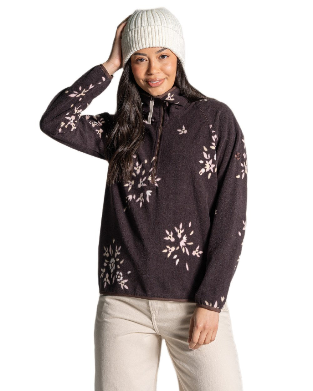 Wenge Brown coloured Craghoppers Womens National Trust Reedmace Half Zip Fleece Top on white background 