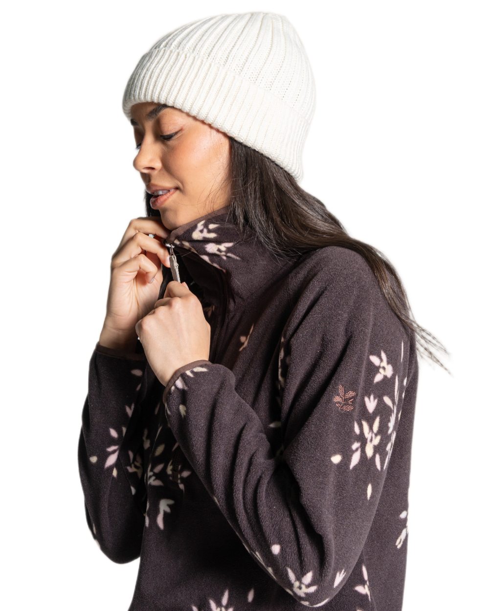 Wenge Brown coloured Craghoppers Womens National Trust Reedmace Half Zip Fleece Top on white background 