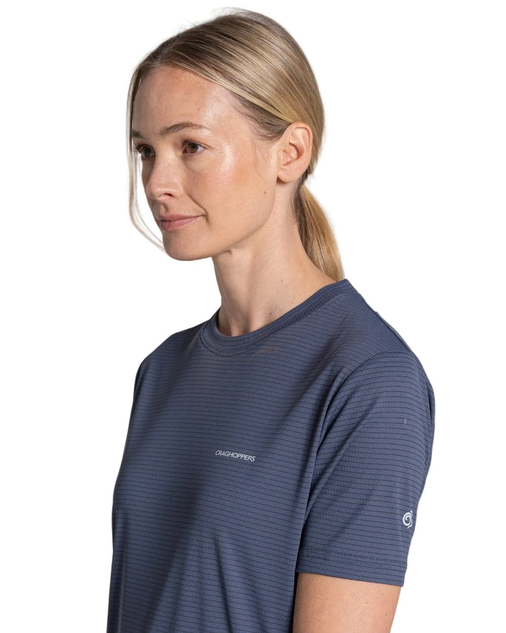 Anthracite coloured Craghoppers Womens NosiLIfe SolarShield+ Short Sleeved T-Shirt on white background 