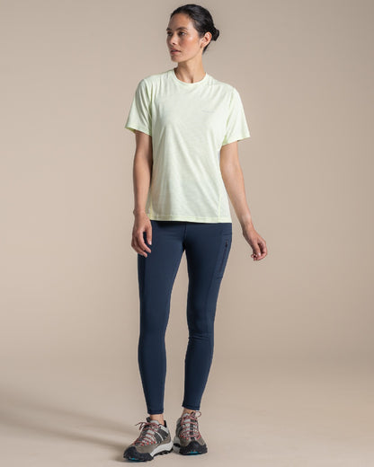 Pear Drop coloured Craghoppers Womens NosiLIfe SolarShield+ Short Sleeved T-Shirt on beige background 