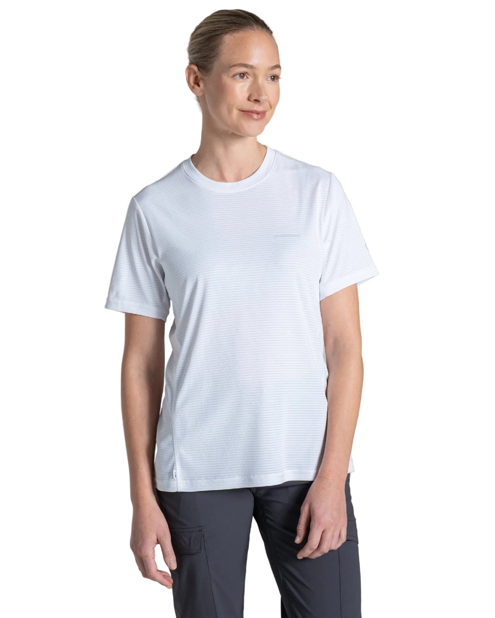 White coloured Craghoppers Womens NosiLIfe SolarShield+ Short Sleeved T-Shirt on white background 