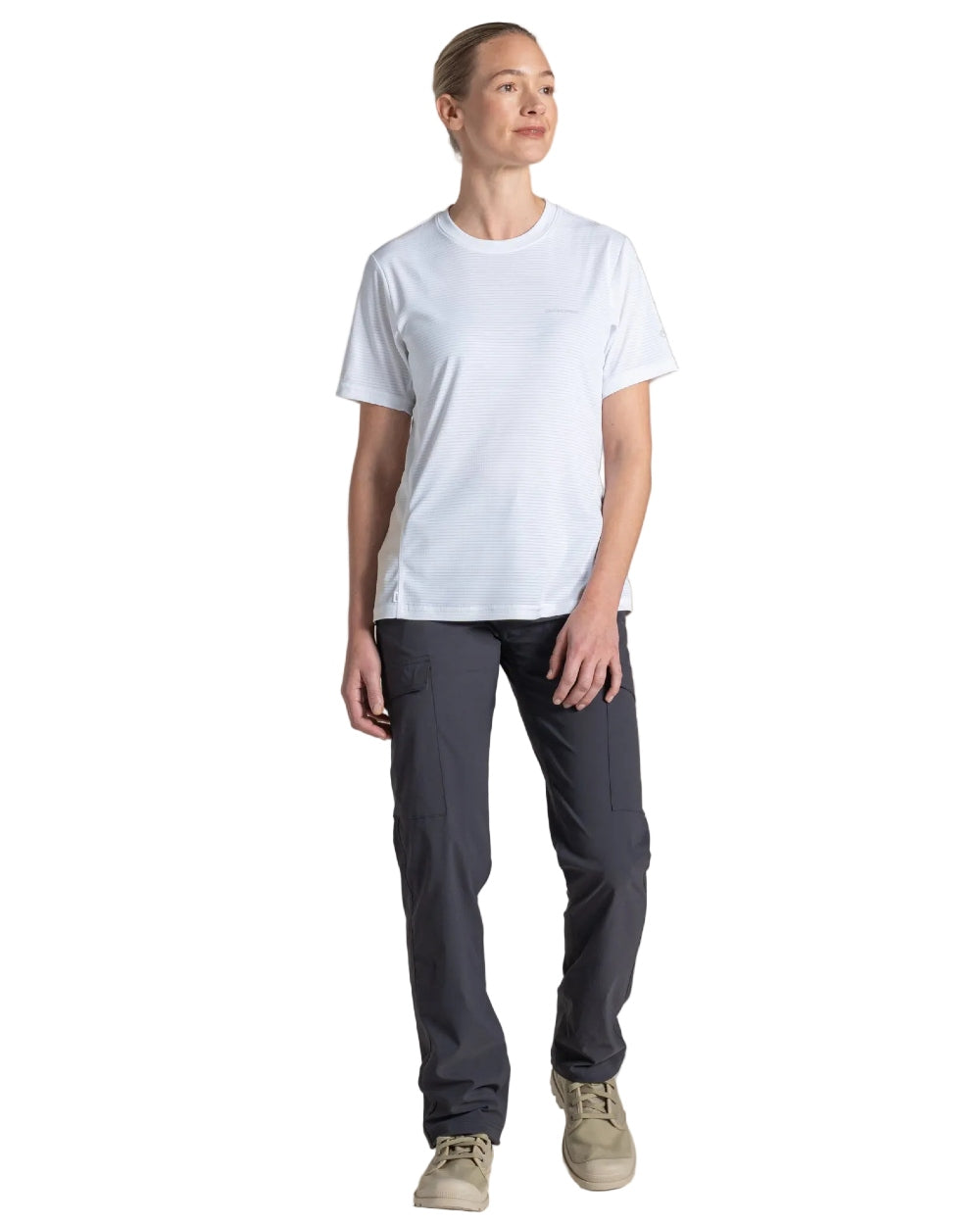 White coloured Craghoppers Womens NosiLIfe SolarShield+ Short Sleeved T-Shirt on white background 