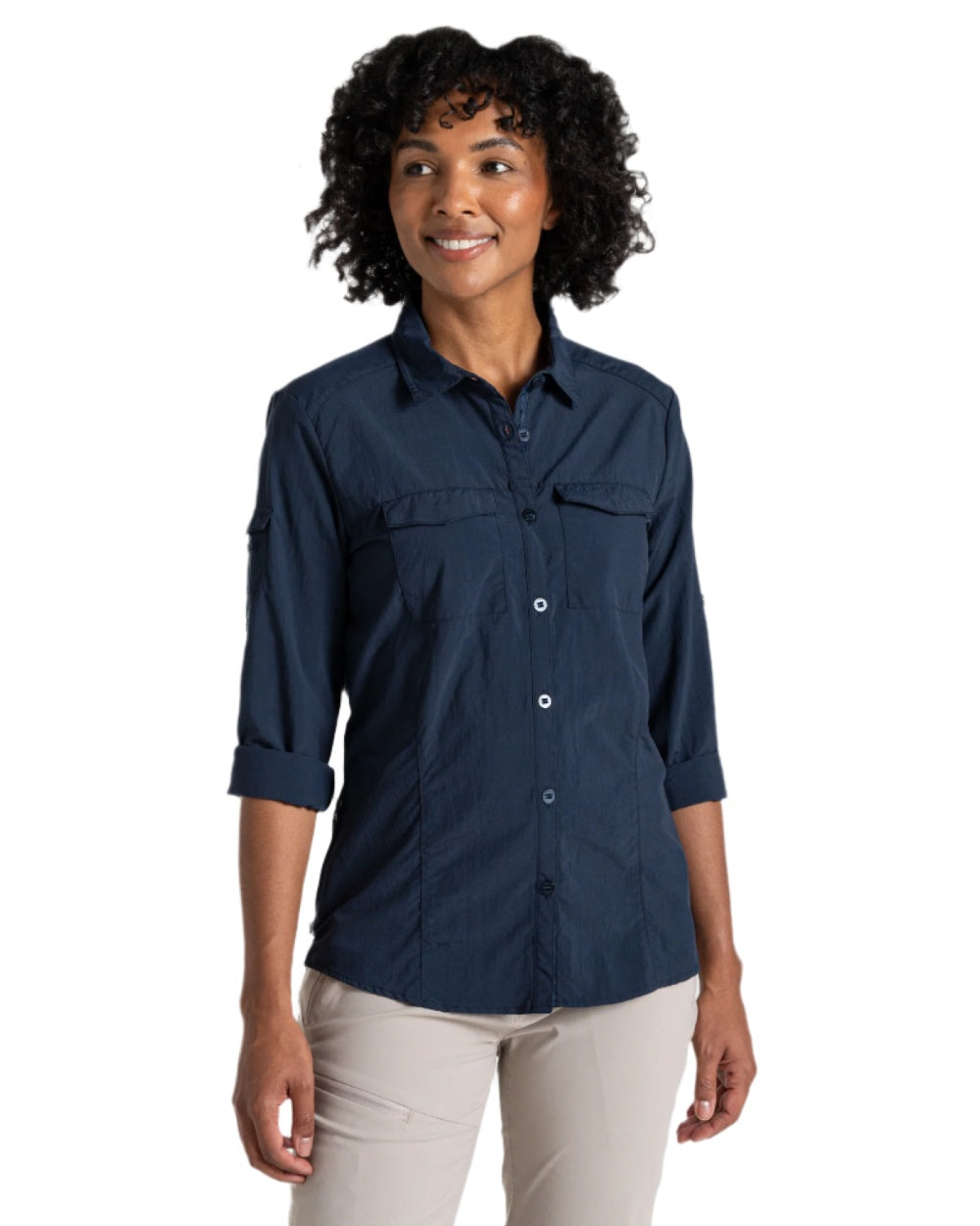 Blue Navy coloured Craghoppers Womens NosiLife Adventure Long Sleeved Shirt III on white background 