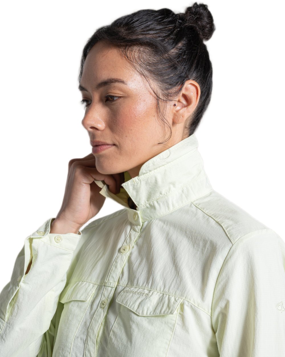 Pear Drop coloured Craghoppers Womens NosiLife Adventure Long Sleeved Shirt III on white background 