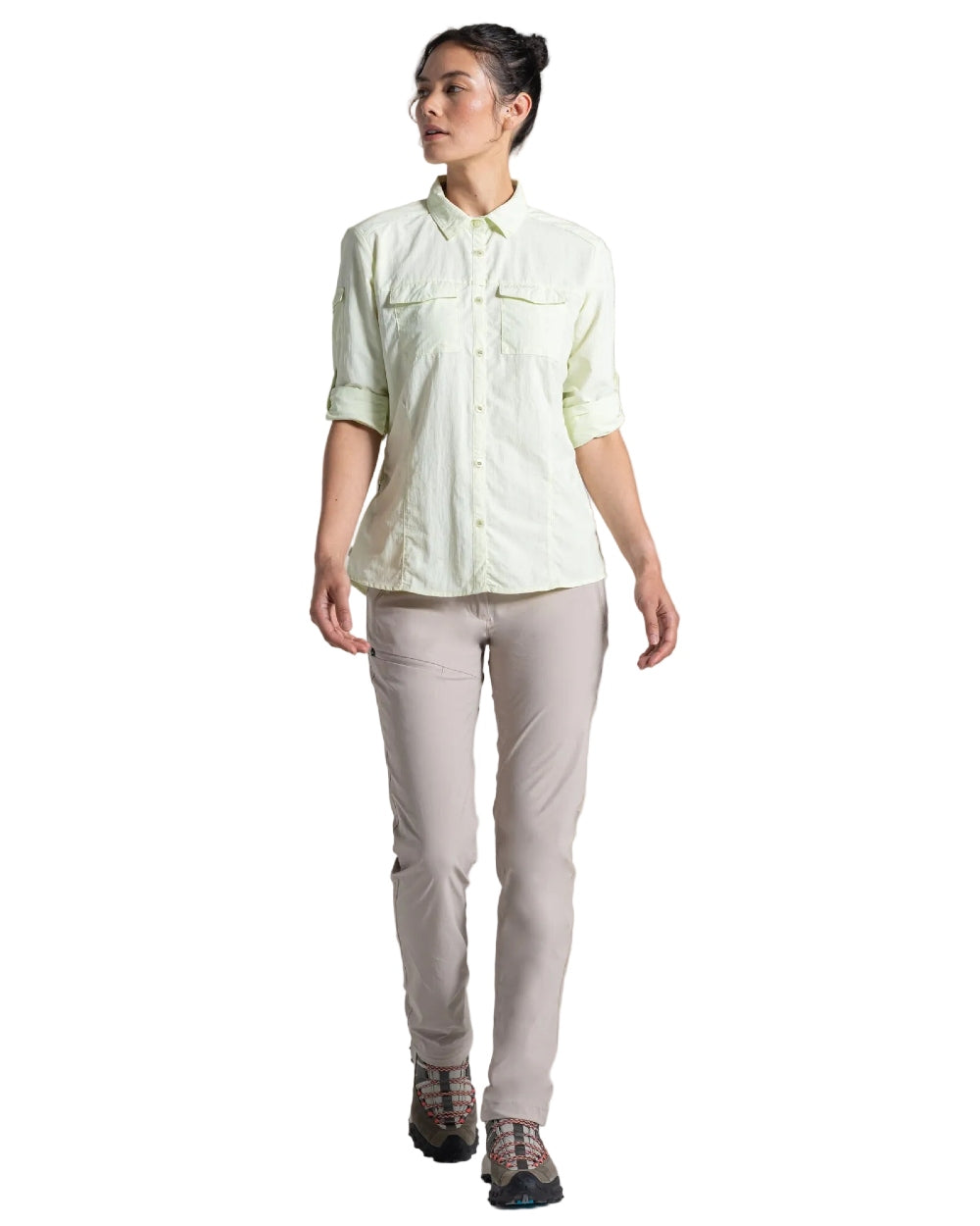 Pear Drop coloured Craghoppers Womens NosiLife Adventure Long Sleeved Shirt III on white background 