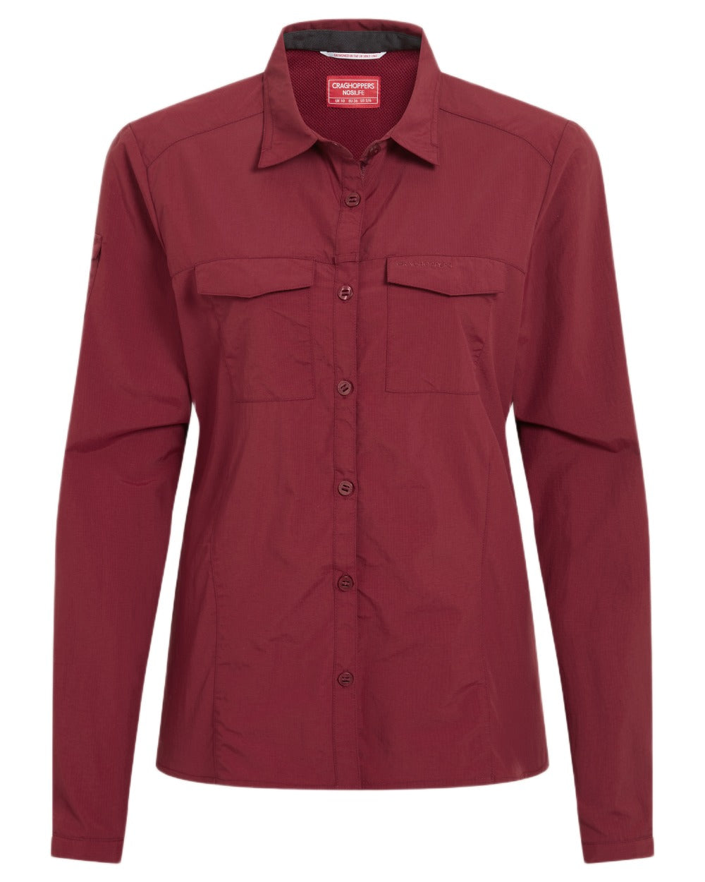 Riad Red coloured Craghoppers Womens NosiLife Adventure Long Sleeved Shirt III on white background 