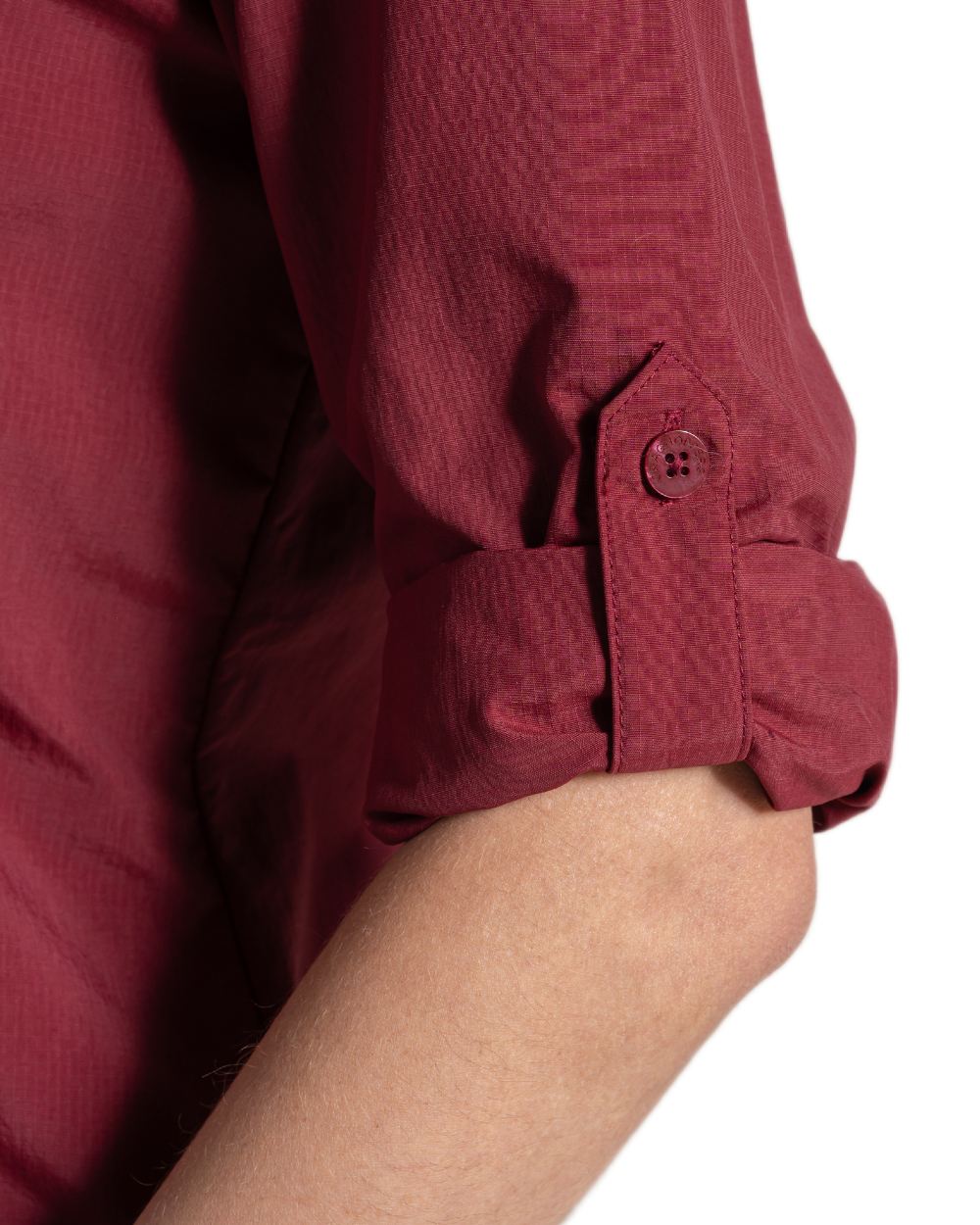 Riad Red coloured Craghoppers Womens NosiLife Adventure Long Sleeved Shirt III on white background 