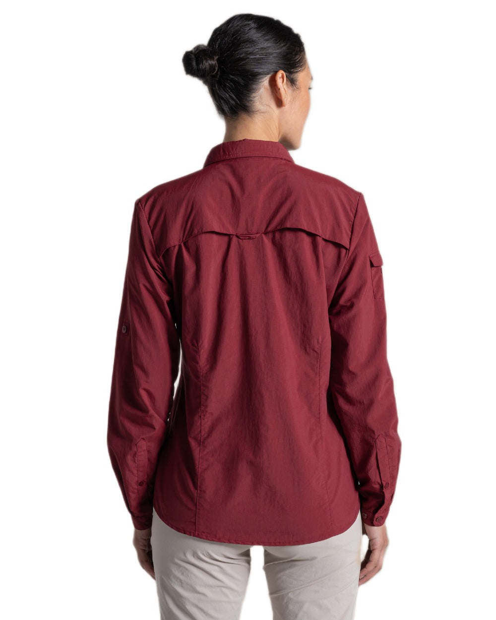 Riad Red coloured Craghoppers Womens NosiLife Adventure Long Sleeved Shirt III on white background 