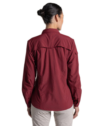 Riad Red coloured Craghoppers Womens NosiLife Adventure Long Sleeved Shirt III on white background 