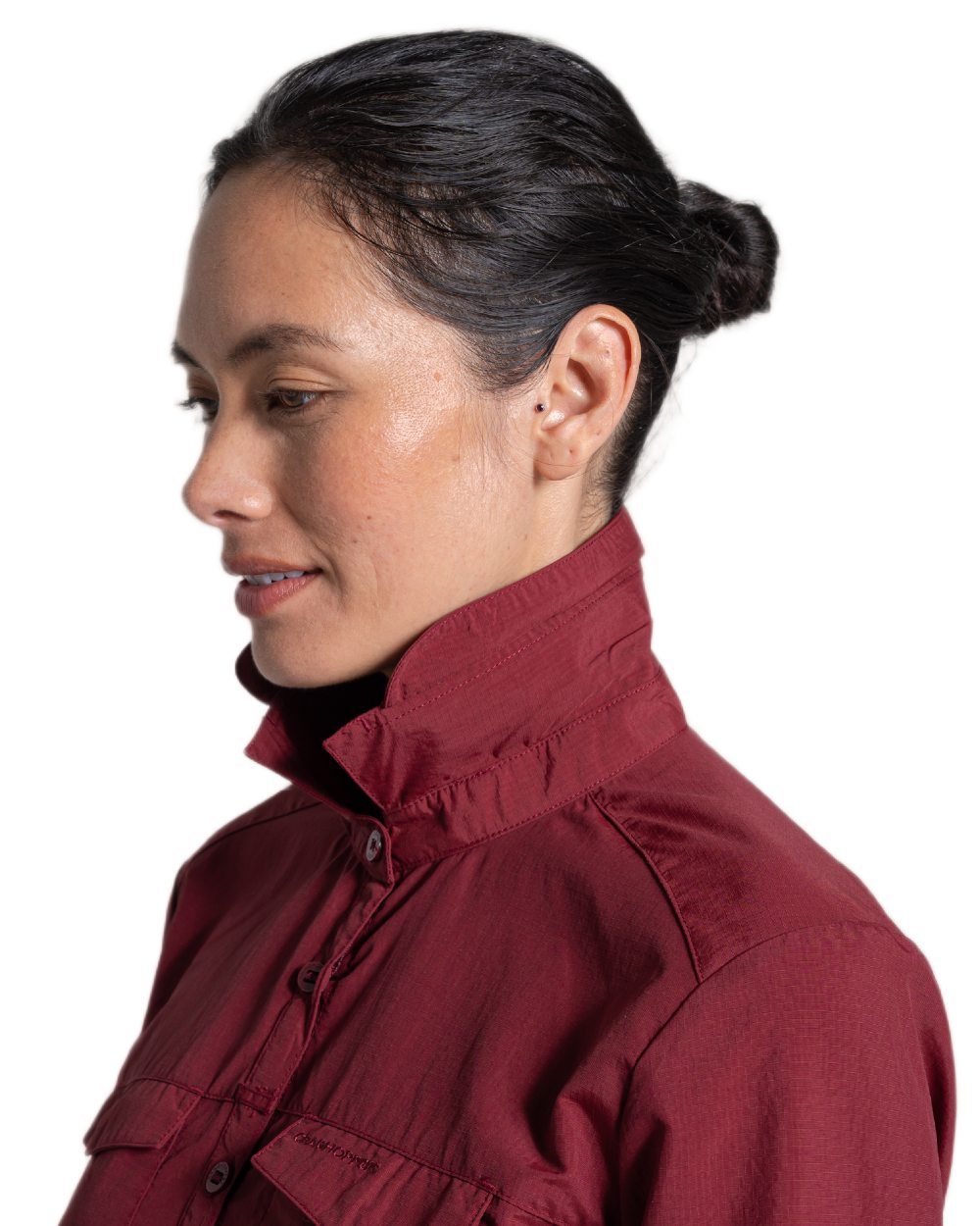 Riad Red coloured Craghoppers Womens NosiLife Adventure Long Sleeved Shirt III on white background 