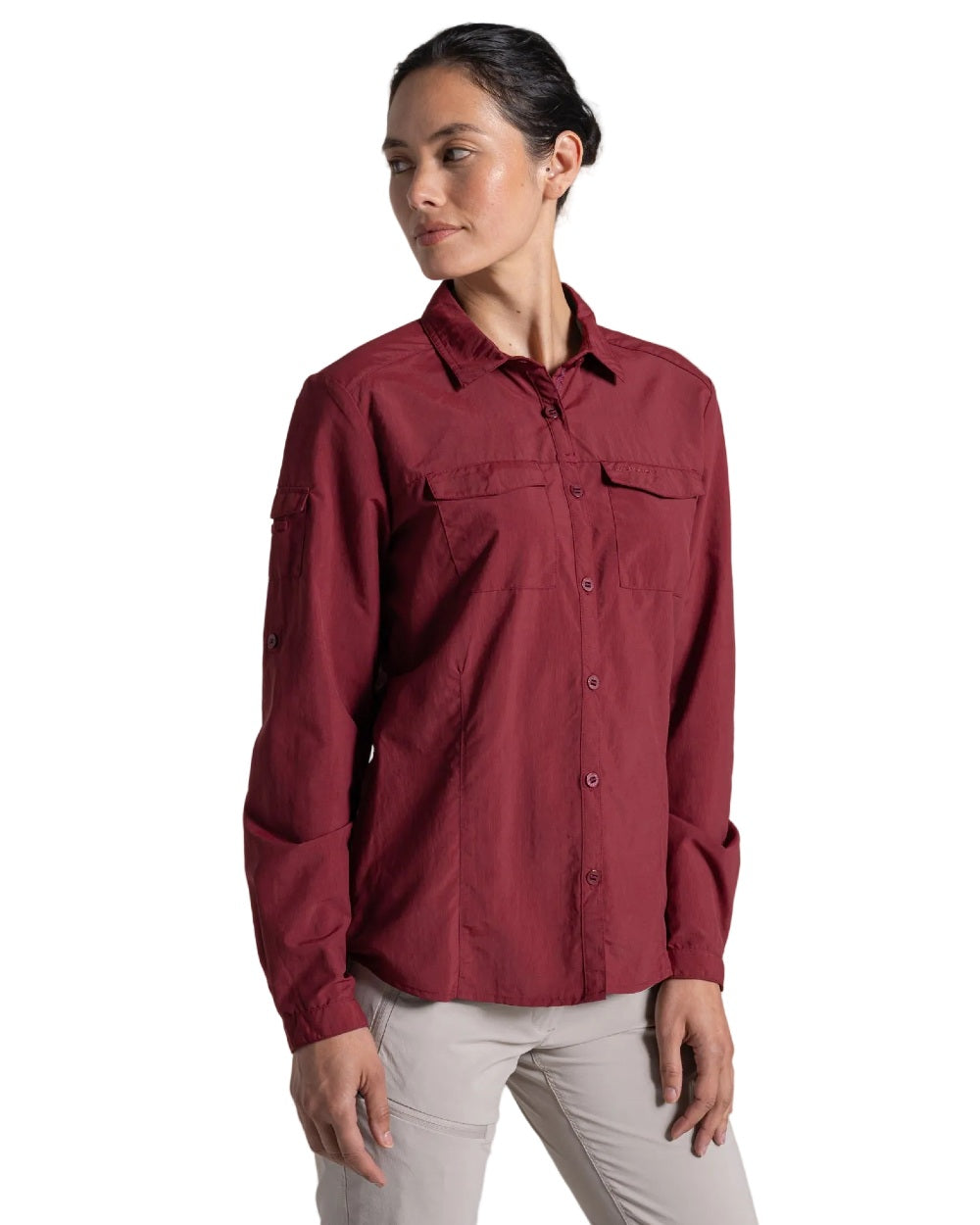 Riad Red coloured Craghoppers Womens NosiLife Adventure Long Sleeved Shirt III on white background 