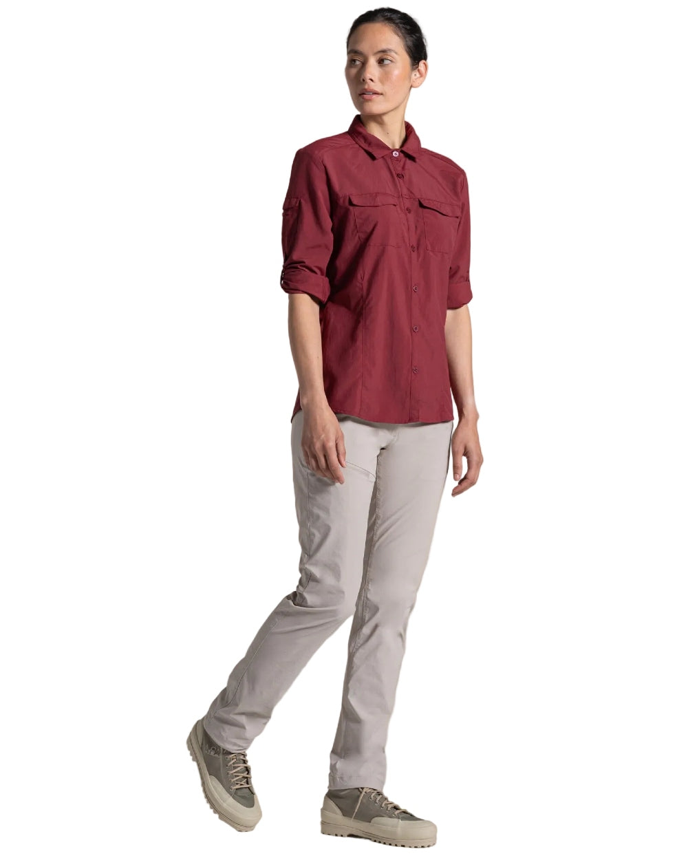 Riad Red coloured Craghoppers Womens NosiLife Adventure Long Sleeved Shirt III on white background 