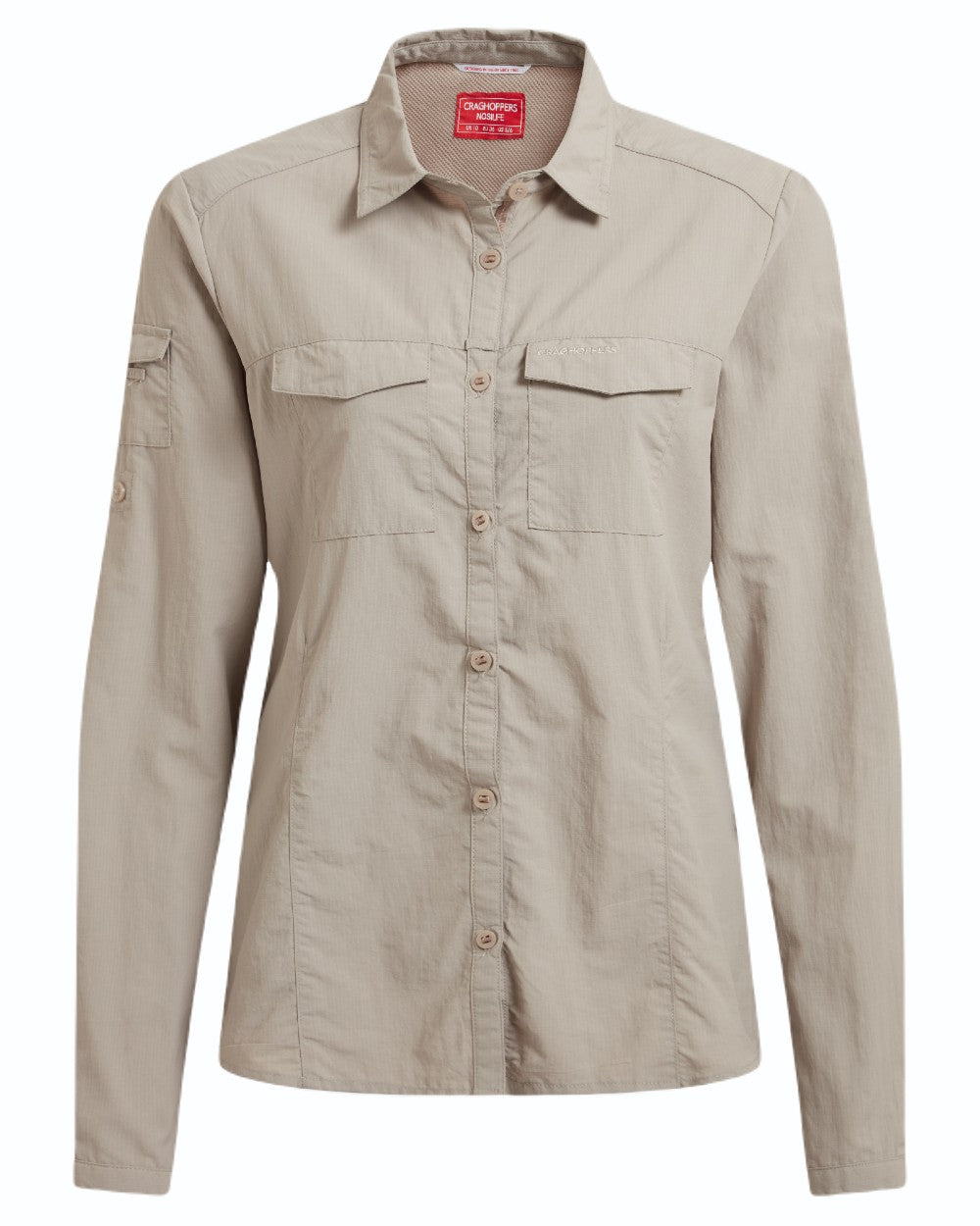Soft Mushroom coloured Craghoppers Womens NosiLife Adventure Long Sleeved Shirt III on white background 