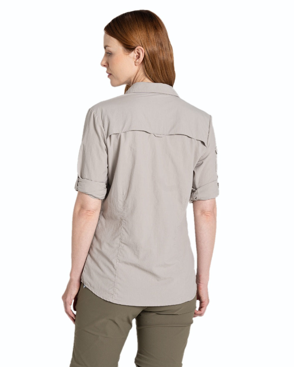 Soft Mushroom coloured Craghoppers Womens NosiLife Adventure Long Sleeved Shirt III on white background 