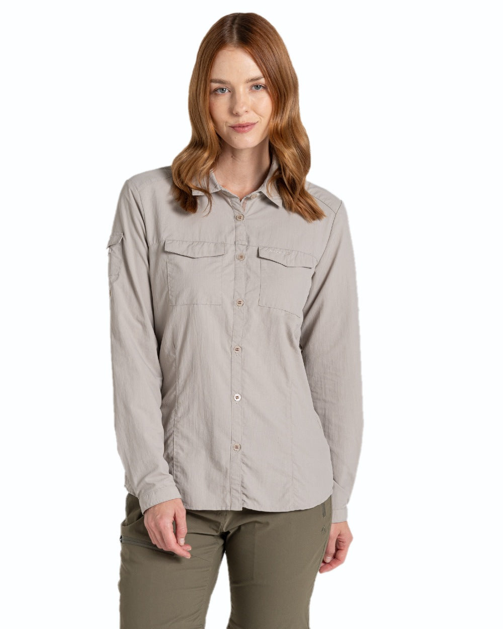 Soft Mushroom coloured Craghoppers Womens NosiLife Adventure Long Sleeved Shirt III on white background 
