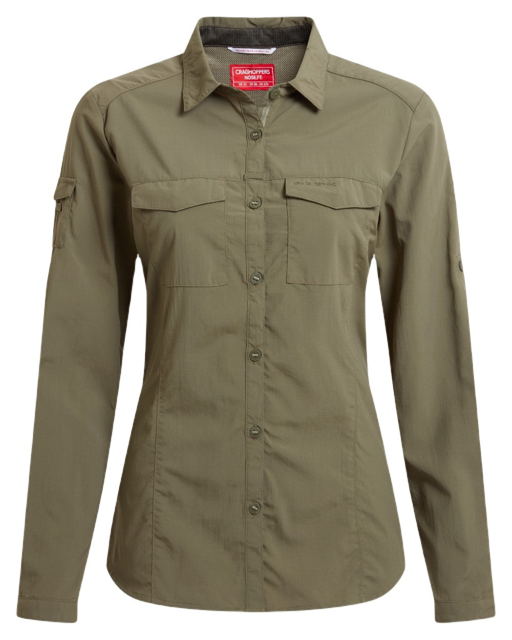 Wild Olive coloured Craghoppers Womens NosiLife Adventure Long Sleeved Shirt III on white background 