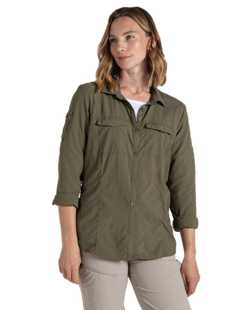 Wild Olive coloured Craghoppers Womens NosiLife Adventure Long Sleeved Shirt III on white background 