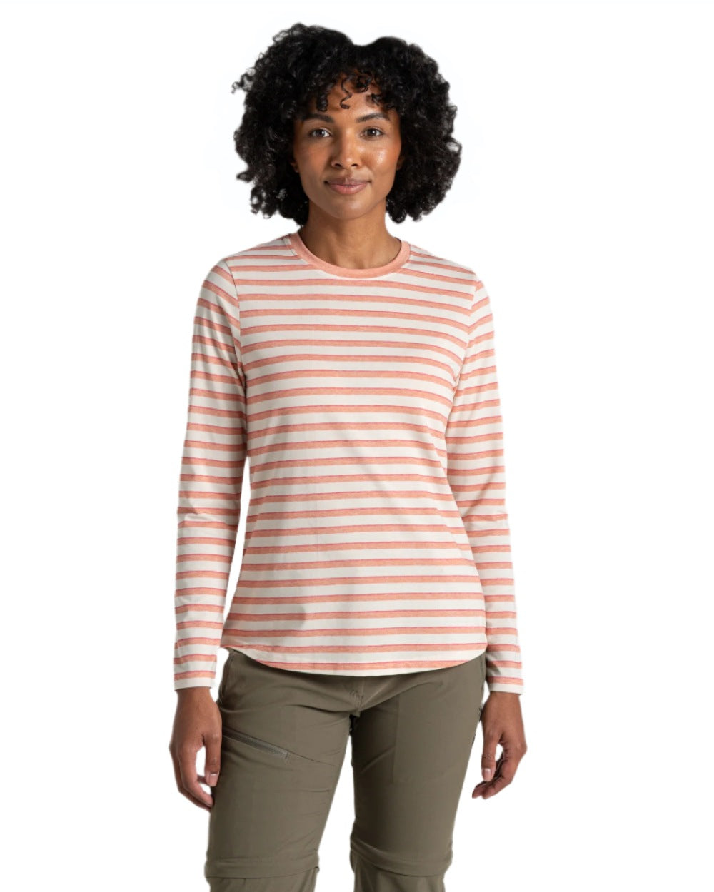 Clay Stripe coloured Craghoppers Womens NosiLife Akona Long Sleeved Top on white background 