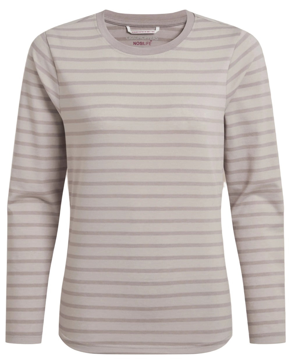 Oyster Stripe coloured Craghoppers Womens NosiLife Akona Long Sleeved Top on white background 