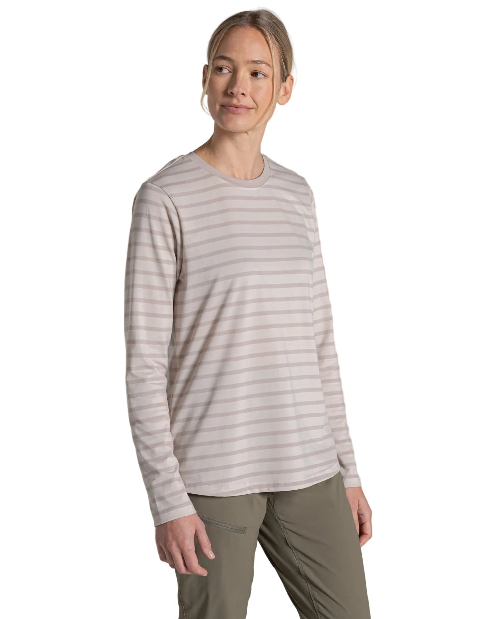 Oyster Stripe coloured Craghoppers Womens NosiLife Akona Long Sleeved Top on white background 