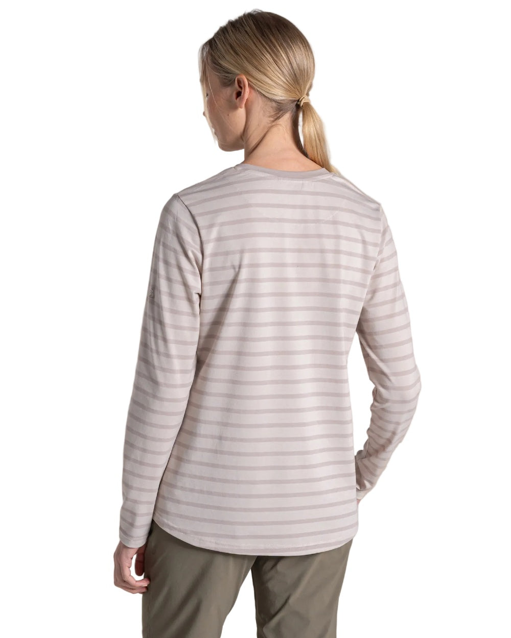 Oyster Stripe coloured Craghoppers Womens NosiLife Akona Long Sleeved Top on white background 